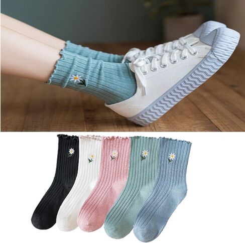 عباد الشمس التطريز مكشكش لطيف الجوارب كشكش عالية الكاحل Kawaii لوليتا الجوارب هدايا للنساء الجوارب 5/8 أزواج in Kuwait