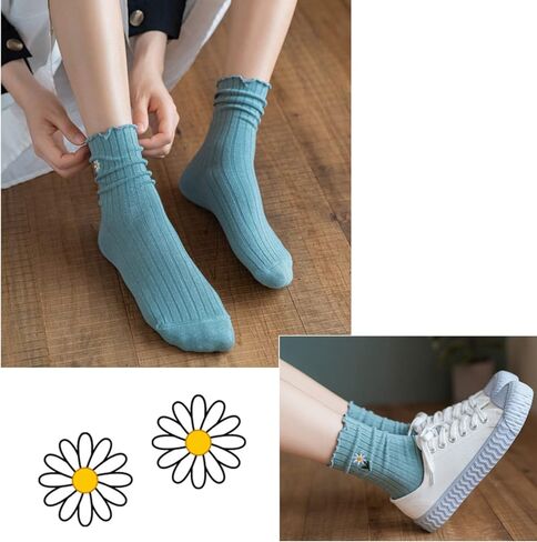 عباد الشمس التطريز مكشكش لطيف الجوارب كشكش عالية الكاحل Kawaii لوليتا الجوارب هدايا للنساء الجوارب 5/8 أزواج in Kuwait
