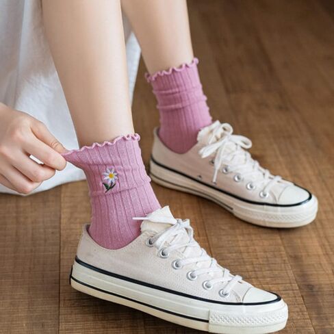 عباد الشمس التطريز مكشكش لطيف الجوارب كشكش عالية الكاحل Kawaii لوليتا الجوارب هدايا للنساء الجوارب 5/8 أزواج in Kuwait