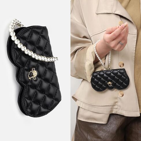 ChiiGe Leather Eyeglasses Cases Portable, Leather Glasses Case Holder Portable, Travel Sunglasses Holder, Pearl Portable Sunglasses Bag for Women, Black, One size in Kuwait