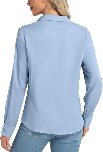 Vrtige Women's Collar Neck Button Down Roll Up Long Sleeve Blouse Shirt Top with Pocket in Saudi Arabia