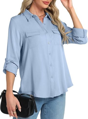 Vrtige Women's Collar Neck Button Down Roll Up Long Sleeve Blouse Shirt Top with Pocket in Saudi Arabia