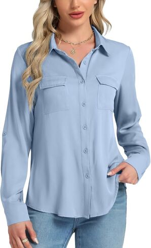 Vrtige Women's Collar Neck Button Down Roll Up Long Sleeve Blouse Shirt Top with Pocket in Saudi Arabia