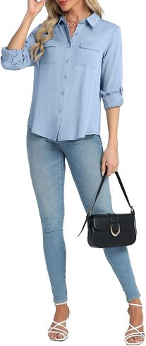 Vrtige Women's Collar Neck Button Down Roll Up Long Sleeve Blouse Shirt Top with Pocket in Saudi Arabia