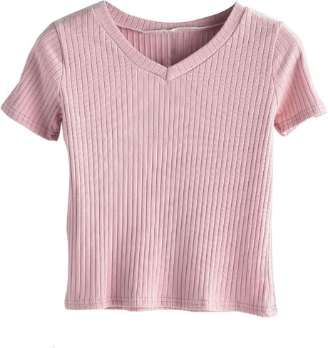 تي شيرت SweatyRocks نسائي أساسي بأكمام قصيرة ورقبة على شكل حرف V ومضلع ومتماسك in Saudi Arabia
