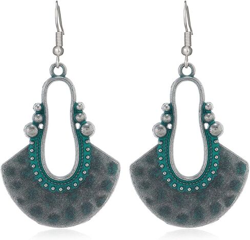 Dreuyet Handmade Antique Ethnic Earrings Vintage Hollow Shield Fan Sector Earrings Bohemian Tribal Hammered Dangle Earrings for Women Boho Vintage Jewelry in Saudi Arabia