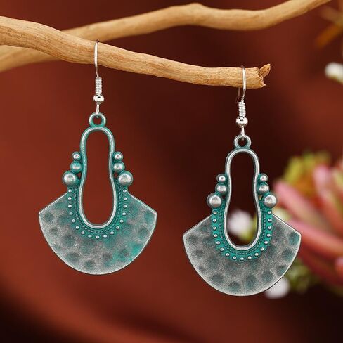 Dreuyet Handmade Antique Ethnic Earrings Vintage Hollow Shield Fan Sector Earrings Bohemian Tribal Hammered Dangle Earrings for Women Boho Vintage Jewelry in Saudi Arabia