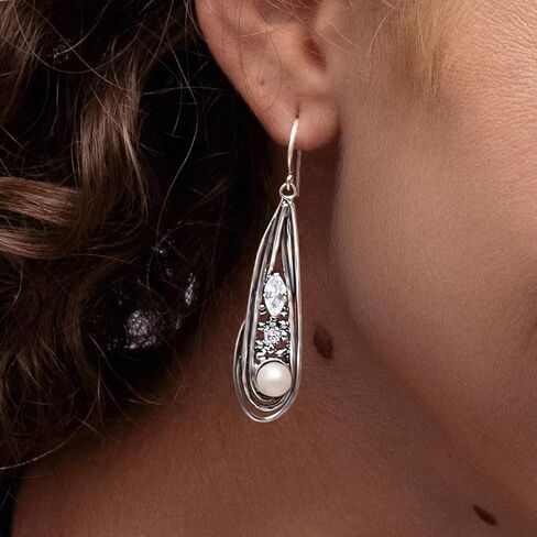 أقراط متدلية من الفضة الإسترلينية عيار 925 بتصميم زهور عتيقة ولآلئ المياه العذبة وزركونيا مكعبة مؤكسدة أنيقة وأنيقة من النيكل المضاد للحساسية والرصاص وسلك فرنسي خالٍ من الرصاص، هدية مجوهرات لها in Kuwait