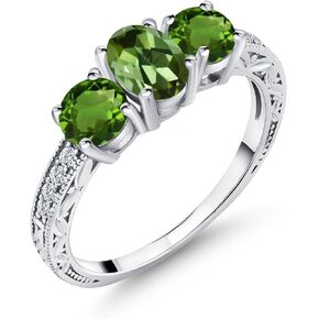 Gem Stone King 1.82 Ct Oval Green Tourmaline Green Chrome Diopside 925 Sterling Silver Ring