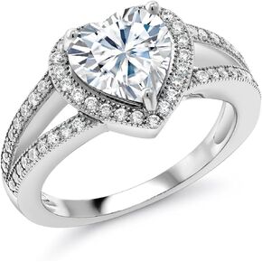 Gem Stone King 925 Sterling Silver White Moissanite Heart Ring For Women | 1.53 Cttw | Heart Shape 6.5MM | Available In Size 5, 6, 7, 8, 9