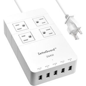 Mini 4-Outlet Travel Power Strip Surge Protector with USB Charger USB Charging Station (5-Port Smart, 40W/8A) and 5 Feet Power Cord, Black