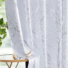 FMFUNCTEX 100% Blackout Curtains White Gold Tree for Living Room, Curtains 84 Inches Long Foil Branch Patterned Panels for Bedroom, Thermal Insulated Drapes for Home Office Grommet Top 2 Panels
