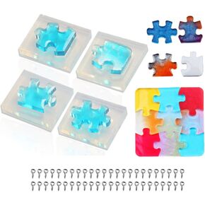 4Pcs Puzzle Piece Silicone Resin Molds, Mini Puzzle Silicone Epoxy Resin Jewelry Earring Necklace Pendant Keychain Making Mold DIY Handmade Craft Tools