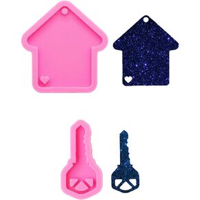 2PCS Glossy Shiny Christmas House and Door Lock Key Shape Bundle Group Keychain Silicone Mold with Hole for DIY Necklace Mold Crystal Trinket Earrings Luggage Tag Pendant Candy Epoxy Craft Decoration