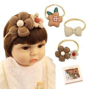 Baby Girls Cute Headband Set 3pcs Handmade Puffy Flower Bows Toddler Hairband Elastic Lace Plaid Floral Hair Accessories Set for Newborn Infant Baby (Rabbit-brown)