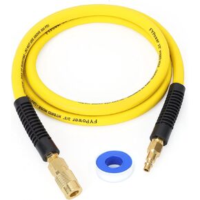 Air Compressor Whip Hose 3/8 Inch x 6 Feet Lead in Hybrid Hose with Fittings, Flexible and Kink Resistant, 1/4" Industrial Quick Coupler and Plug Kit - Yellow
