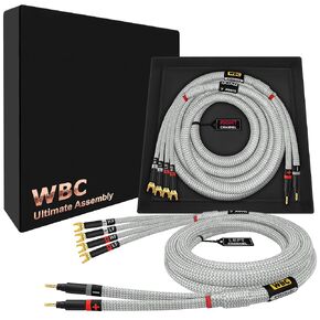 WORLDS BEST CABLES 8 Foot Ultimate - 7 AWG - Ultra-Pure OFC – Extra Premium Audiophile HiFi Bi-Wire Speaker Cable Pair with Eminence Gold Banana (x2) & Spade (x4) Plugs & Silver Tweed Jacket