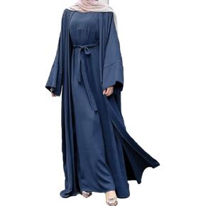Womens Muslim Abaya Maxi Dress Solid Color Sleeveless Inner Long Cardigan Dress with Belt 2pcs Set