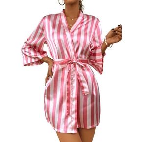 WDIRARA Women's Stripe Print Long Sleeve Silk Satin Kimono Robes Bridesmaid Wedding Party Robe