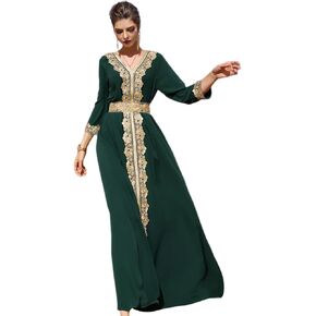 IBAKOM Abaya for Women Floral Lace Ethnic Moroccan Dress Muslim Dubai Attire Islamic Clothes Wedding Eid Ramadan Jalabiya