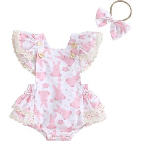 Newborn Baby Girl Easter Outfit Rabbit Print Romper Ruffle Sleeve Tassel Bodysuit Bunny Onesie Infant Summer Clothes