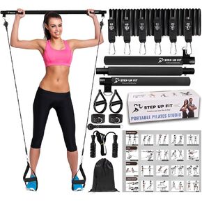 Multipurpose 3-Section Yoga Pilates Bar Set with Resistance Bands and Jump Rope | Travel-Friendly Home Gym Equipment for Men and Women of All Heights | Complete Body Fitness Workout Set