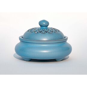 4.5" Wide Round Ceramic Incense Burner Bowl | Stick Rope Dhoop Cone Ash Catcher | Traditional Chinese Design Meditation (Blue)