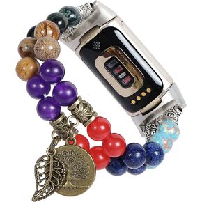 Compatible with Fitbit Charge 5/6 Band Agate Natural Gemstone Beads Bracelet for Women Energy Stones Healing Crystal Stretch Chakra Bracelets Tree of Life