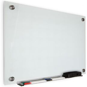 Real Glass Dry Erase Board, 18" x 24", Bright White Tempered Glass Surface, Frameless Wall Mount, with 4 Assorted Color Markers and Eraser, by Better Office Products