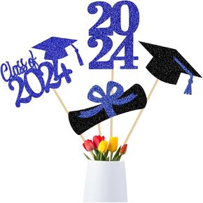 Blue Graduation Party Centerpieces for Tables 2024 Blue Glitter Graduation Tables Centerpieces Sticks, Class of 2024 Table Toppers for Blue 2024 Graduation Table Decorations - 24 Pieces