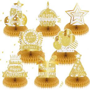 8Pcs Gold White Birthday Centerpieces Table Decorations, White Gold Happy Birthday Honeycomb Centerpiece Gold Theme Birthday Party Supplies Birthday Table Toppers Honeycomb Decorations for Women Men