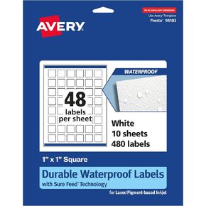 Avery Durable Waterproof Square Labels with Sure Feed, 1" x 1", 1,200 Oil and Tear-Resistant Waterproof Labels, Print-to-The-Edge, Laser/Pigment-Based Inkjet Printable Labels