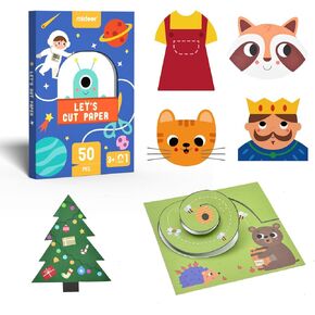 MiDeer Let's Cut Paper Kit 50 Pcs, Paper Cutting for Kids with Craft Guiding Book, with Step by Step Book Paper Cutting Kit for Beginners for Toddlers, Development Paper Cutting Set for Kids-Level 01