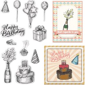 Happy Birthday Clear Stamps for Card Making and Journaling, Balloon Birthday Cake Rubber Stamps Gifts Stamps for Scrapbooking DIY Cards Album Crafts