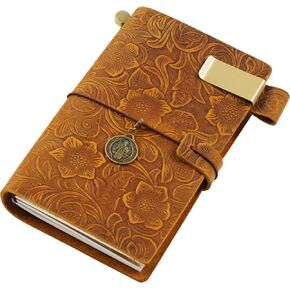 Leather Journal Writing Notebook, Refillable Handmade Genuine Leather Travelers Notebook with Pen Holder, Travel Daily Planner for Men Women Flower Carving Style, Large Size 6.8 x 4.5 Inches Brown