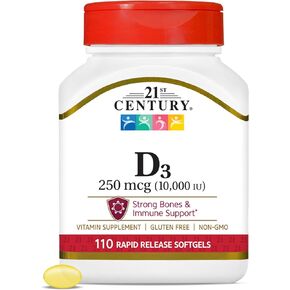 21st Century Vitamin D3 250 mcg (10,000 IU) Rapid Release Softgels, 110 Count