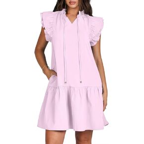 ANRABESS Womens Summer V-Neck Drawstring Ruffle Cap Short Sleeve Casual Shift Mini Dress with Pockets in Saudi Arabia