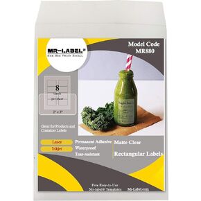 Mr-Label 2" x 3" Glossy Frosted Clear Rectangle Labels - Waterproof and Tear-Resistant - for Inkjet & Laser Printer - Permanent Adhesive - for Glass Bottle | Gift Bag (50 Sheets Total 400 Labels)