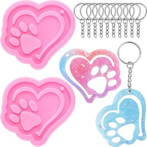 2 Pieces Heart and Paw Keychain Silicone Mold Heart Paw Silicone Casting Mold with 20 Pieces Key Ring Chains for DIY Valentine's Day Pudding Luggage Tag Pendant Earrings Candy Desserts Cake Topper
