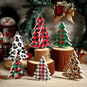 6 Pcs Christmas Tree Wooden Table Decor Buffalo Plaid Cheetah Leopard Print Wooden Table Signs Freestanding Reversible Rustic Wood Centerpiece Tabletop for Xmas Winter Holiday Farmhouse Home Decor