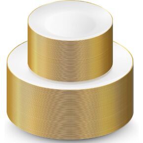 100 Gold Plastic Plates Set, 50 Pcs 10.25 Inch Plastic Dinner Plates and 50 Pcs 7.5 Inch Plastic Dessert Plates, Elegant Fancy Heavy Duty Disposable Plates for Party, Wedding, White with Gold Rim