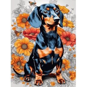 DIY Diamond Painting Kits for Adults, Dachshund Full Drill 5D DIY Flower and Dog Art Diamond Painting Art Kits for Home Decoration and Room Wall Decor 12x16inch