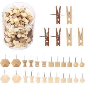 200Pcs Wood Push Pin Thumbtacks 7 Shapes Push Pins Wooden Head Pins Steel Thumb Tacks for Bulletin Boards, Cork Boards, Whiteboards, Photo Walls, Crafts Project