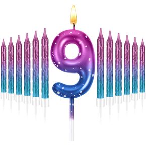 2.36 Inch Birthday Candles Purple to Blue Gradient Candle with 12 Pcs Gradient Spiral Candle for Baby Birthday Cake Topper Anniversary Wedding Party Decor (Number 8)