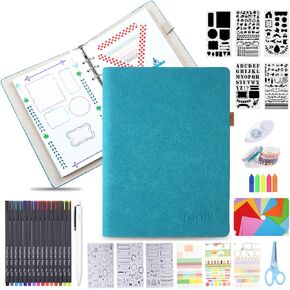 Dotted Journal Kit, A5 Bullet Grid Journal loose leaf with 6 Ring Binder, 240 Pages, 15 Colored Pens, Stencils, Stickers, Tapes for Journal Diary Schedule Planner, 5.25" x 8.25" - Teal