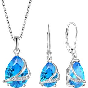 Teardrop Jewelry Set for Women 925 Sterling Silver Aquamarine March Birthstone Necklace Leverback Earrings Gifts for Wife Girlfriend Mother Daughter Her