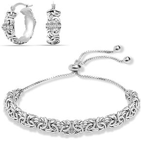 LeCalla 925 Sterling Silver Jewelry Set for Women | Set of 2 Pair Bolo Bracelet & Hoop Earrings Combo
