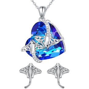 Ladytree Stingray Gifts for Stingray Lover Sterling Silver Manta Ray Blue Heart Crystal Necklace Mother Child Ocean Animal Stud Earrings Jewelry for Women Mother Wife