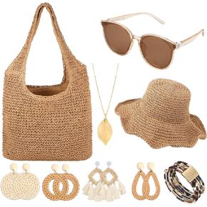 9 Pcs Women Beach Tote Bag Boho Sun Straw Floppy Hat Summer Retro Round Sunglasses Rattan Earrings Long Leaf Pendant Necklace Leopard Bracelet for Women Girls Jewelry Vacation Accessories