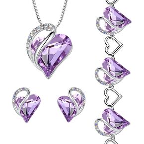 Leafael Infinity Love Heart Necklace, Stud Earrings, and Bracelet for Women, June Birthstone Crystal Jewelry, Silver Tone Gifts for Women, Alexandrite Light Purple